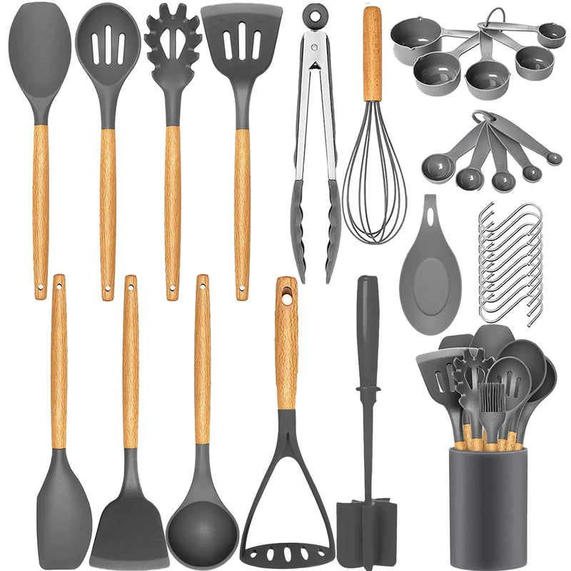 WALLBIG Kitchen Utensils Set33 Pcs Non-Stick Silicone Cooking Utensils Set with SpatulaWooden Handle SpatulaSilicone Kitchen Gadgets Utensil Set