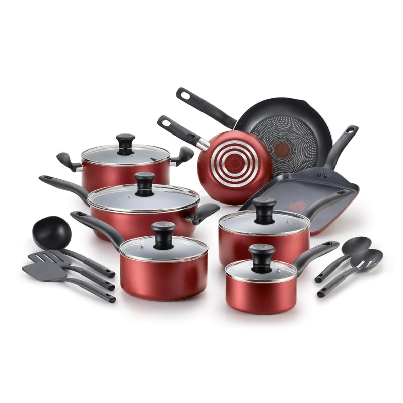 T-fal Initiatives Nonstick Cookware Set 18 Piece Oven Broiler Safe 350F Kitchen Cooking Set w/ Fry Pans Saucepans Saute Pan Dutch Oven Griddle Pots and Pans Home Dishwasher Safe Red