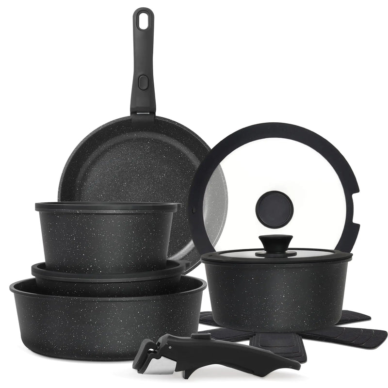 Cuisinluv 15PCS Pots and Pans Set Non Stick Kitchen Cookware Sets with Detachable Handle Ceramic Cookware Sets Non Stick RV Cookware Cooking Set Dishwasher ＆ Oven Safe PFOA Free Black