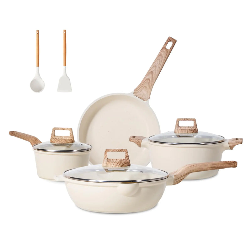 JEETEE Pots and Pans Set Non Stick White Granite Kitchen Cookware Set 14 Pcs Induction Cooking Set w/Frying Pans & Saucepans(PFAS/PTFE/PFOS/PFOA Free)