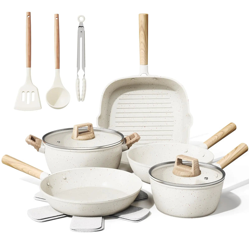 Bazova 14 Pcs Pots and Pans Set Non Stick Large Capacity Ceramic Cookware Set Nonstick Kitchen Cookware Sets with UtensilsHealthy and Non Toxic Induction CookwarePTFE/PFAS/PFOA FreeCream White