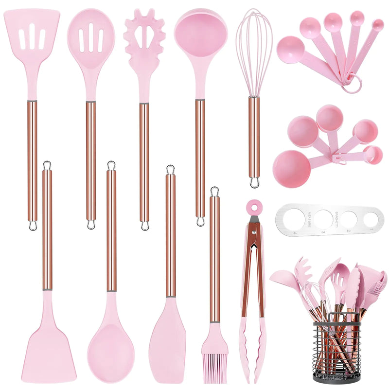 Arquiel Pink Kitchen Utensil Set with Holder 22 Pcs Silicone Cooking Utensils Set for Nonstick Cookware Heat Resistance Spatula Set Stainless Steel Kitchen Gadgets Utensils Set Gifts for Mom