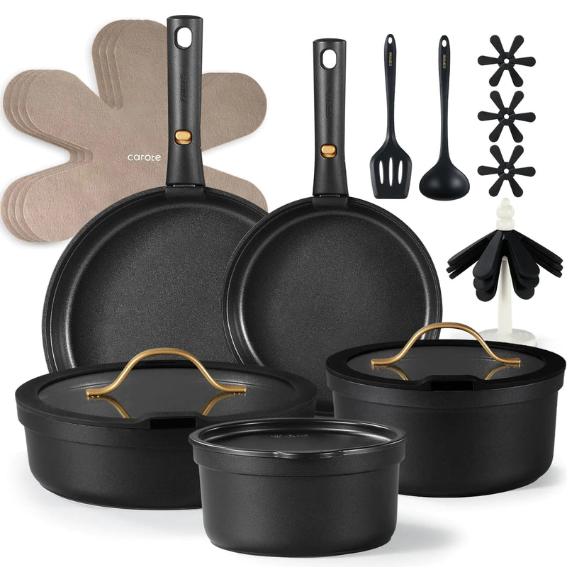 CAROTE 20pcs Pots and Pans Set Non Stick Nonstick Cookware Set Dishwasher/Oven/Fridge Safe Pots and Pans Removable Handle RV Oven Safe Cookware Induction Kitchen Set Black